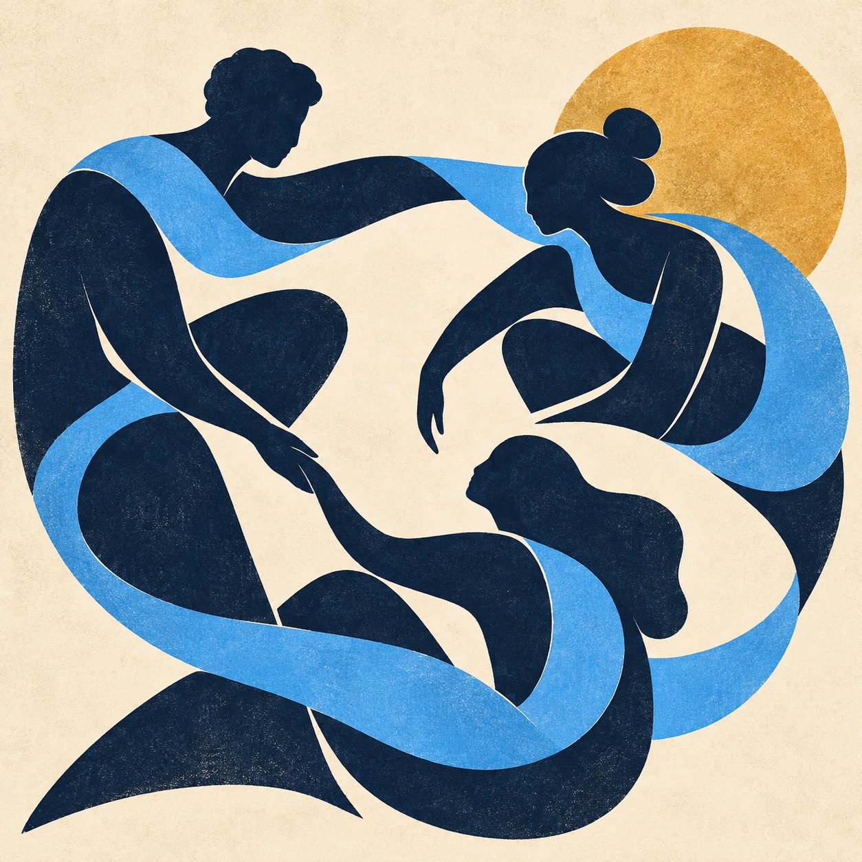 Three figures connected by a sweeping sky-blue ribbon, in a textured navy and ochre illustration.